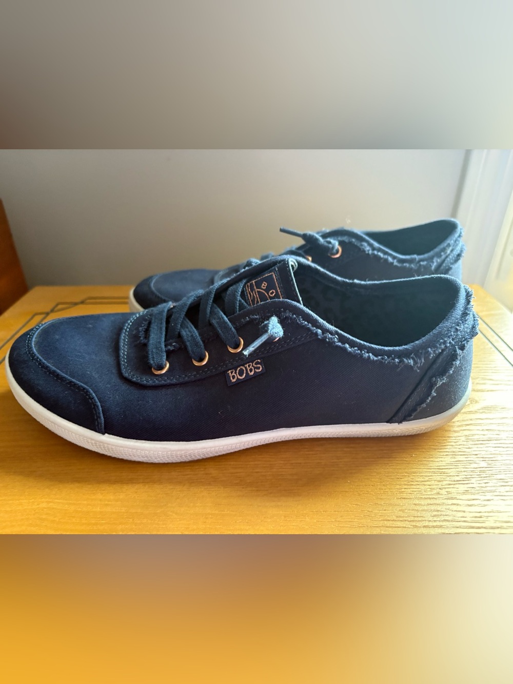 Skechers BOBS Navy Woman’s ' Lace-Up Canvas Sneakers with White Sole
